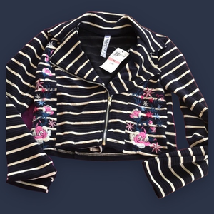 Navy striped jacket with embroidered‎ flowers